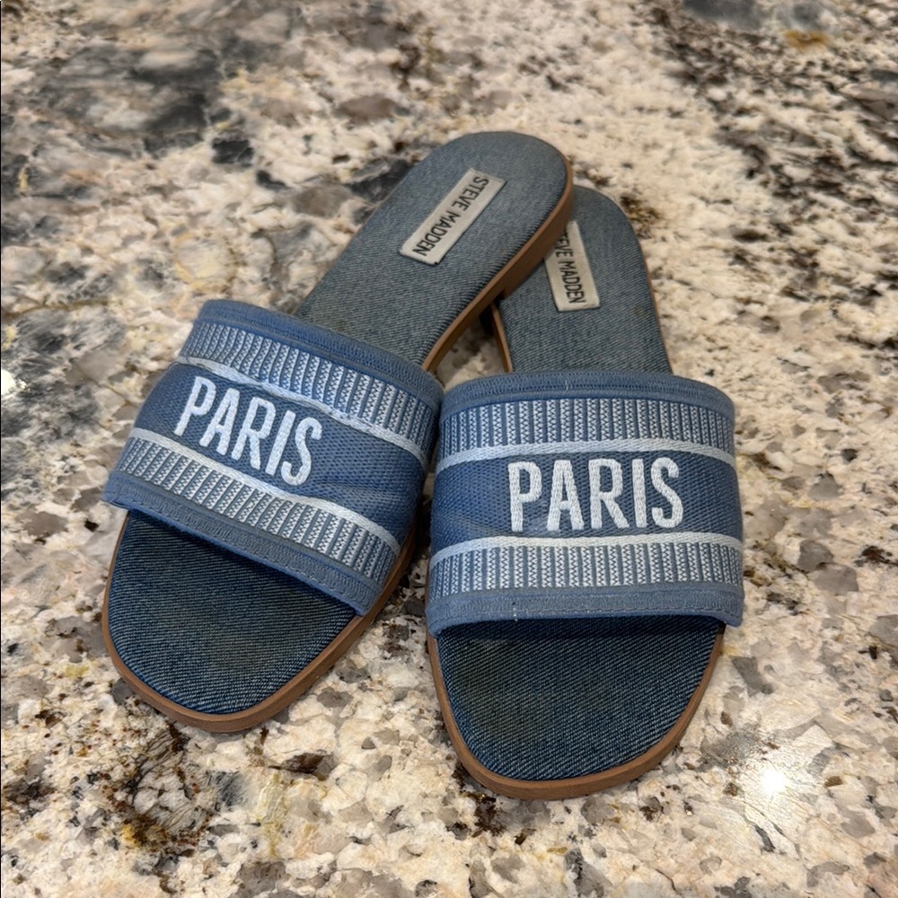 Blue Paris Slide Sandals, were worn…